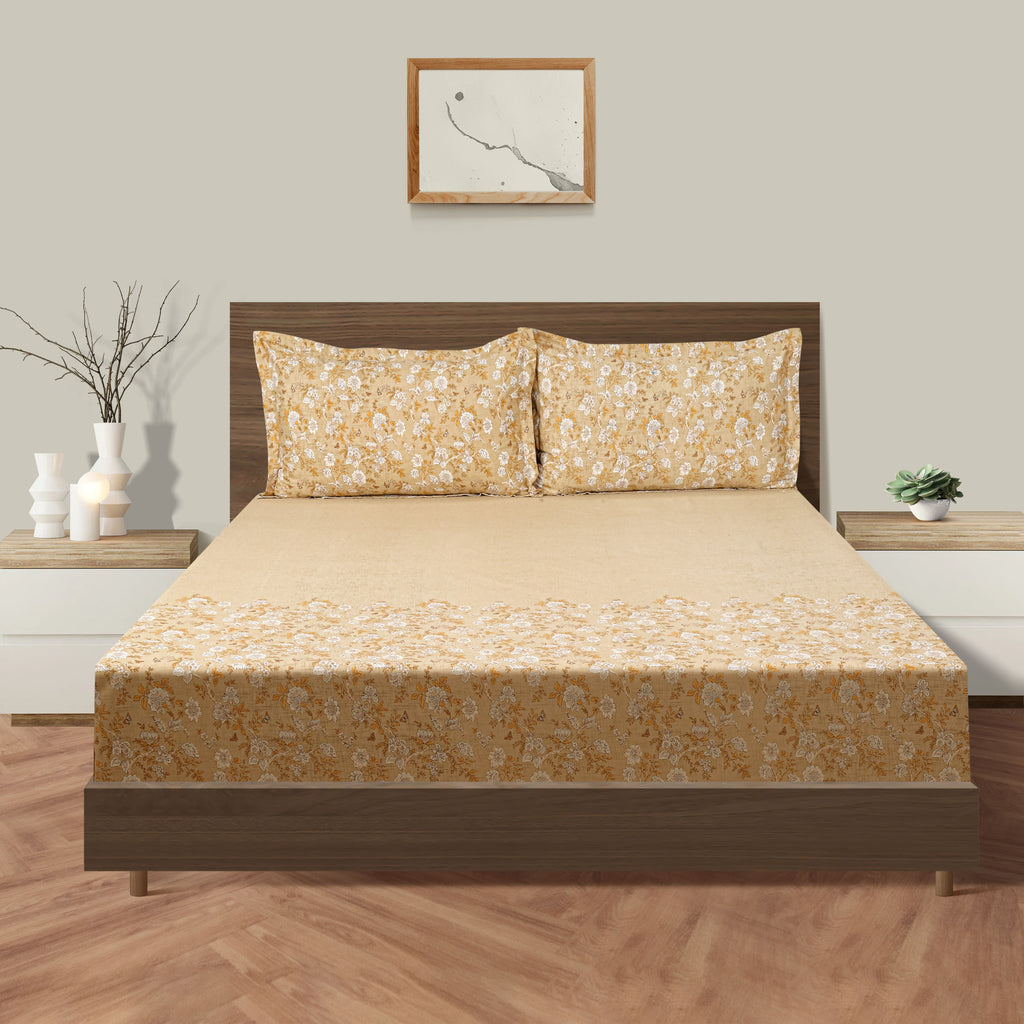 Golden Meadow Beige & Mustard Floral 160 TC Pure Cotton Fitted Bedsheet with Pillow Cover