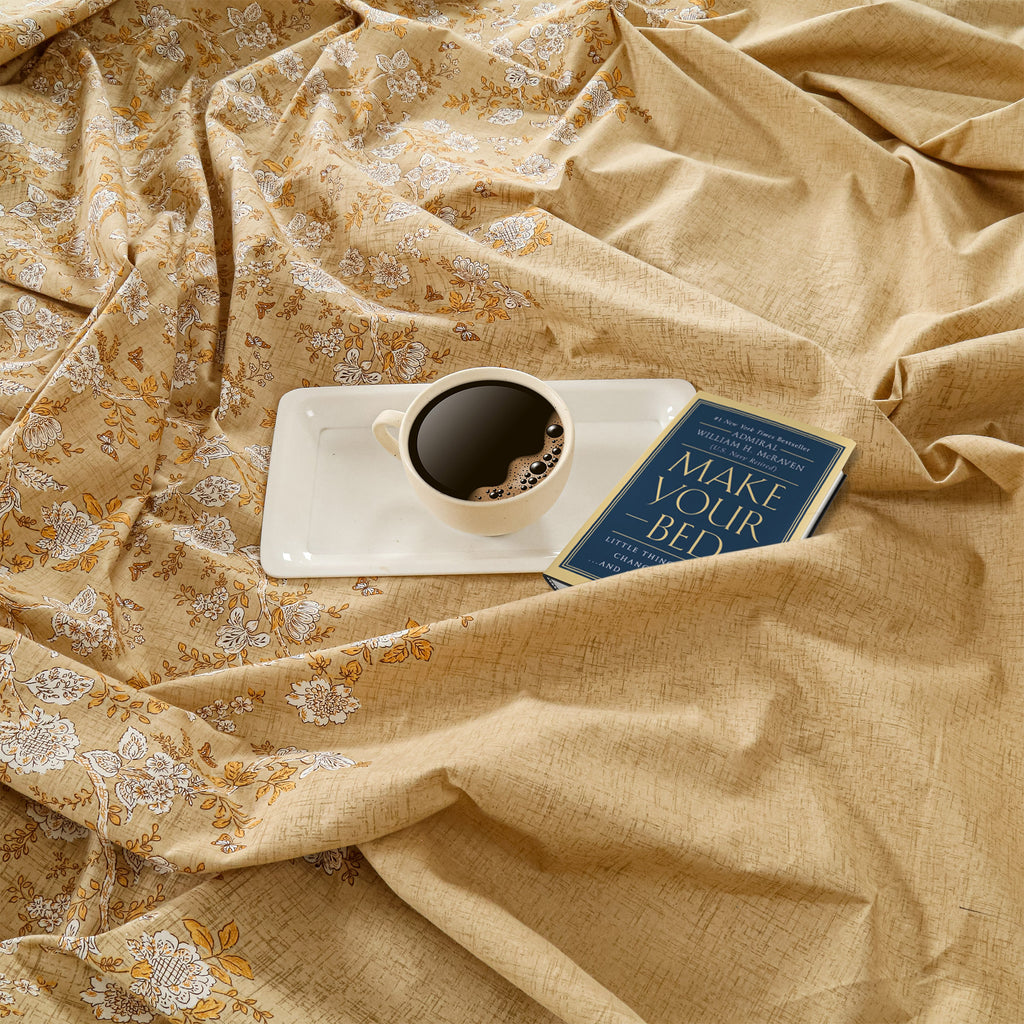 Golden Meadow Beige & Mustard Floral 160 TC Pure Cotton Fitted Bedsheet with Pillow Cover