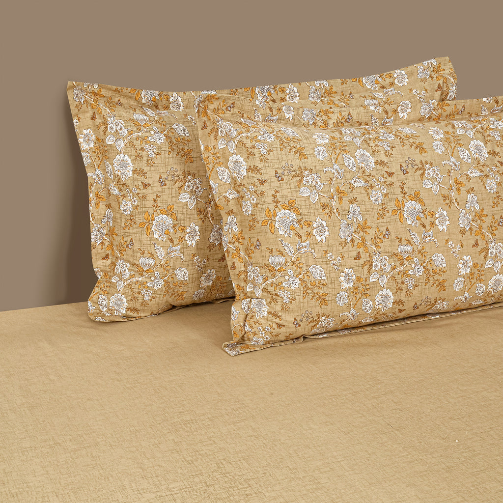 Golden Meadow Beige & Mustard Floral 160 TC Pure Cotton Fitted Bedsheet with Pillow Cover