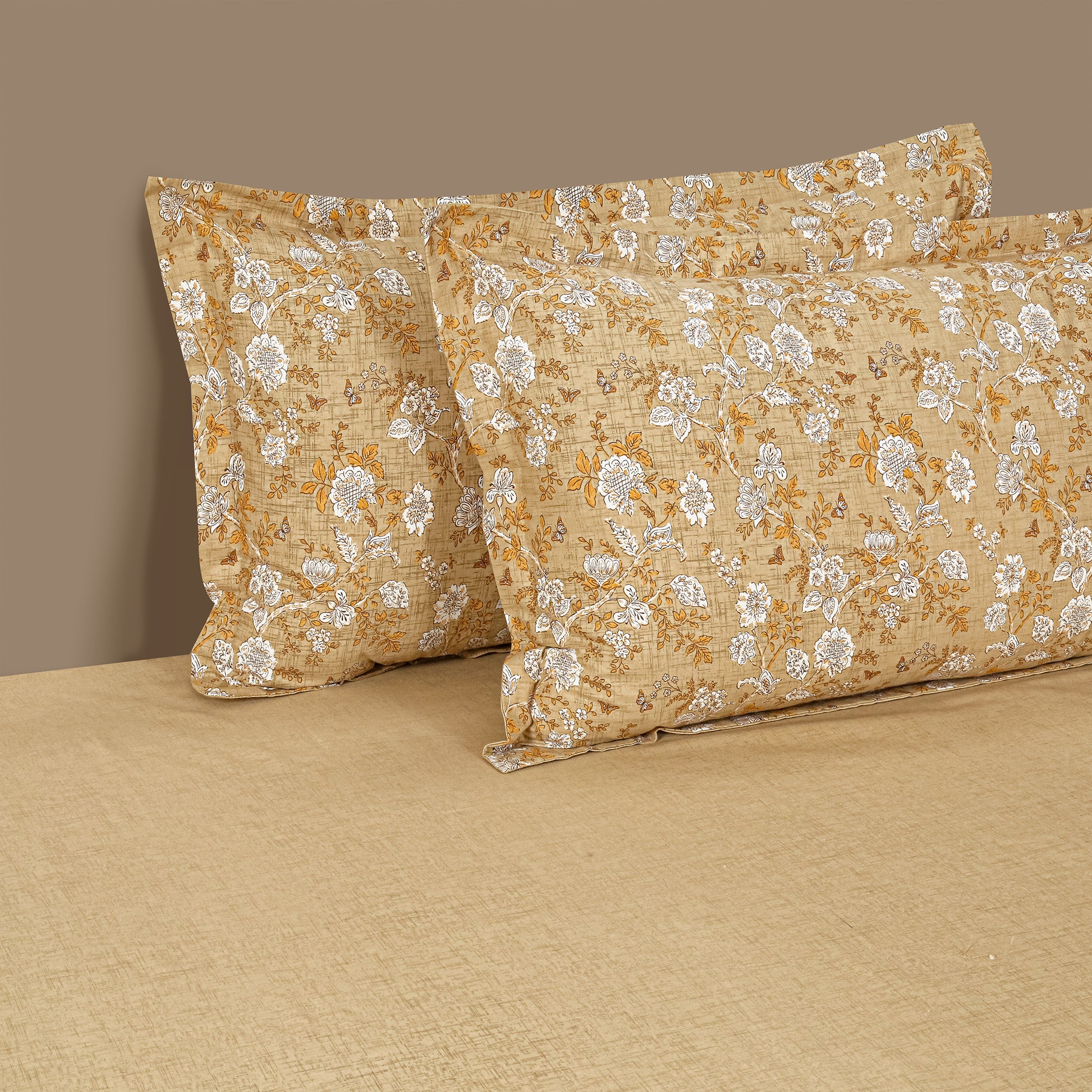 Golden Meadow Beige & Mustard Floral 160 TC Pure Cotton Fitted Bedsheet with Pillow Cover