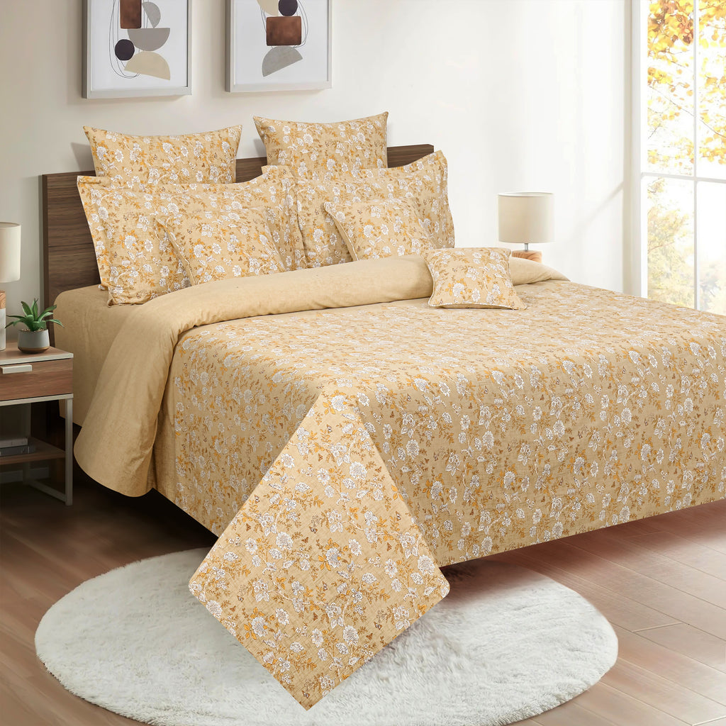 Golden Meadow Beige & Mustard Floral 160 TC Pure Cotton Fitted Bedsheet with Pillow Cover