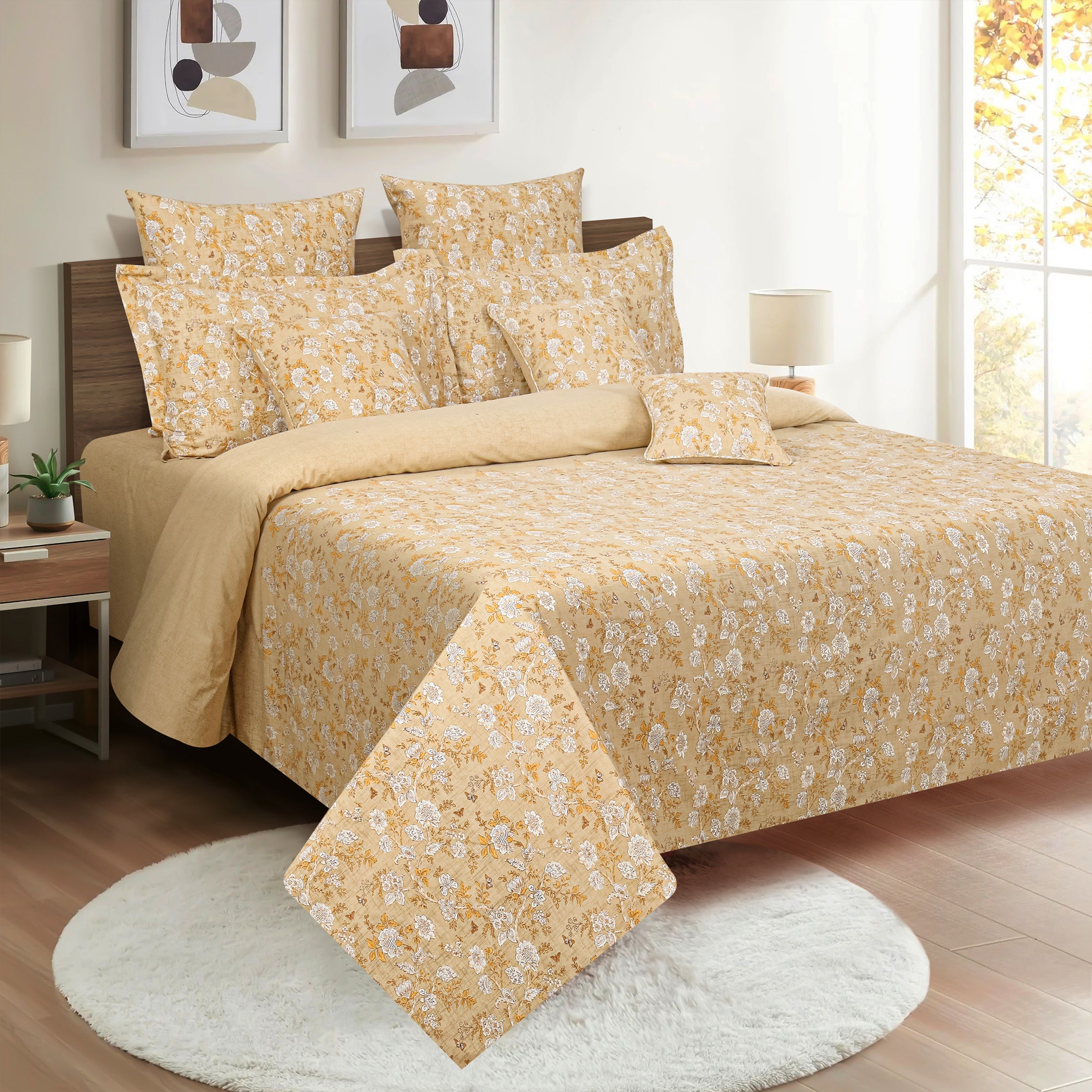 Golden Meadow Beige & Mustard Floral 160 TC Pure Cotton Fitted Bedsheet with Pillow Cover