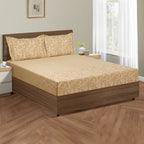 Golden Meadow Beige & Mustard Floral 160 TC Pure Cotton Fitted Bedsheet with Pillow Cover