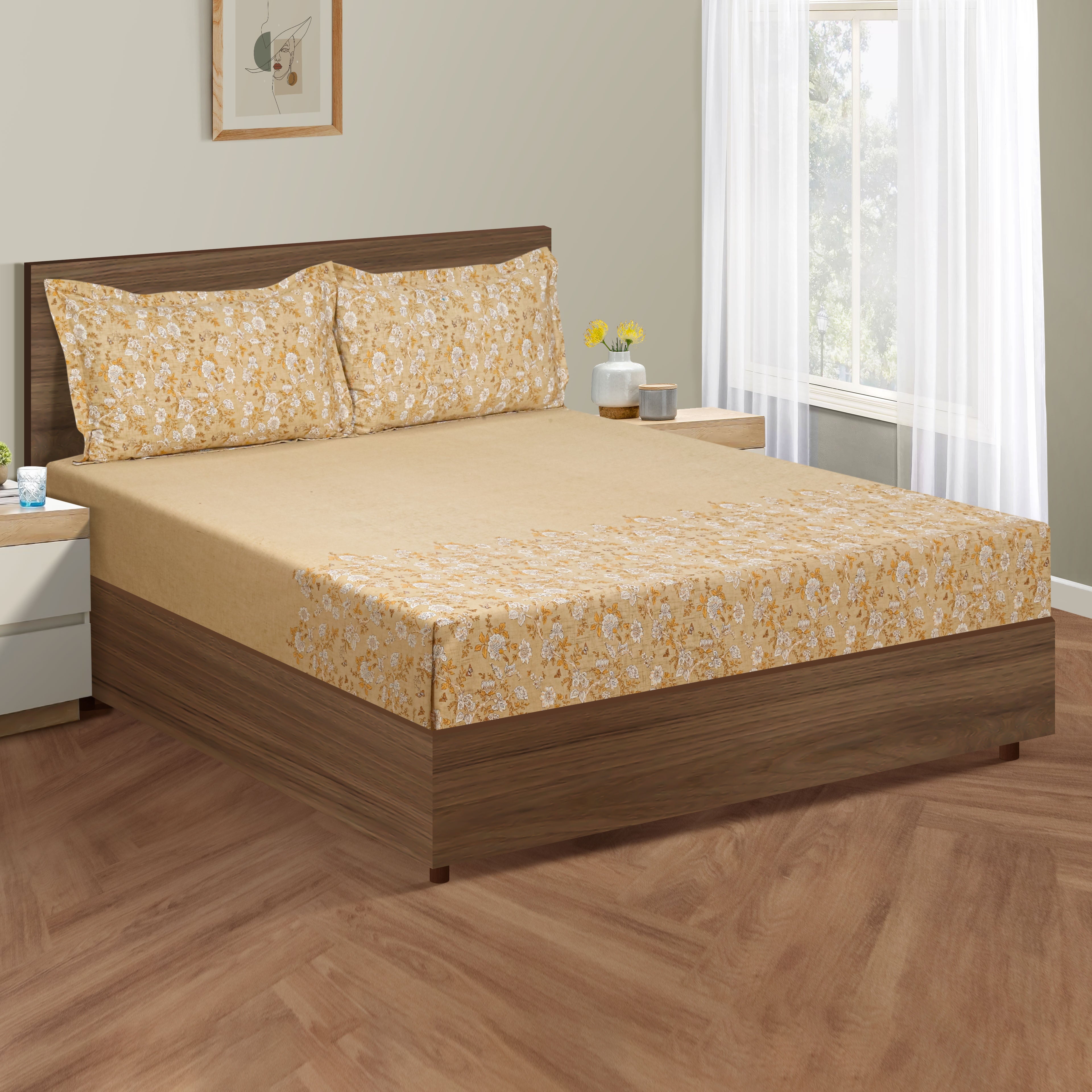 Golden Meadow Beige & Mustard Floral 160 TC Pure Cotton Fitted Bedsheet with Pillow Cover