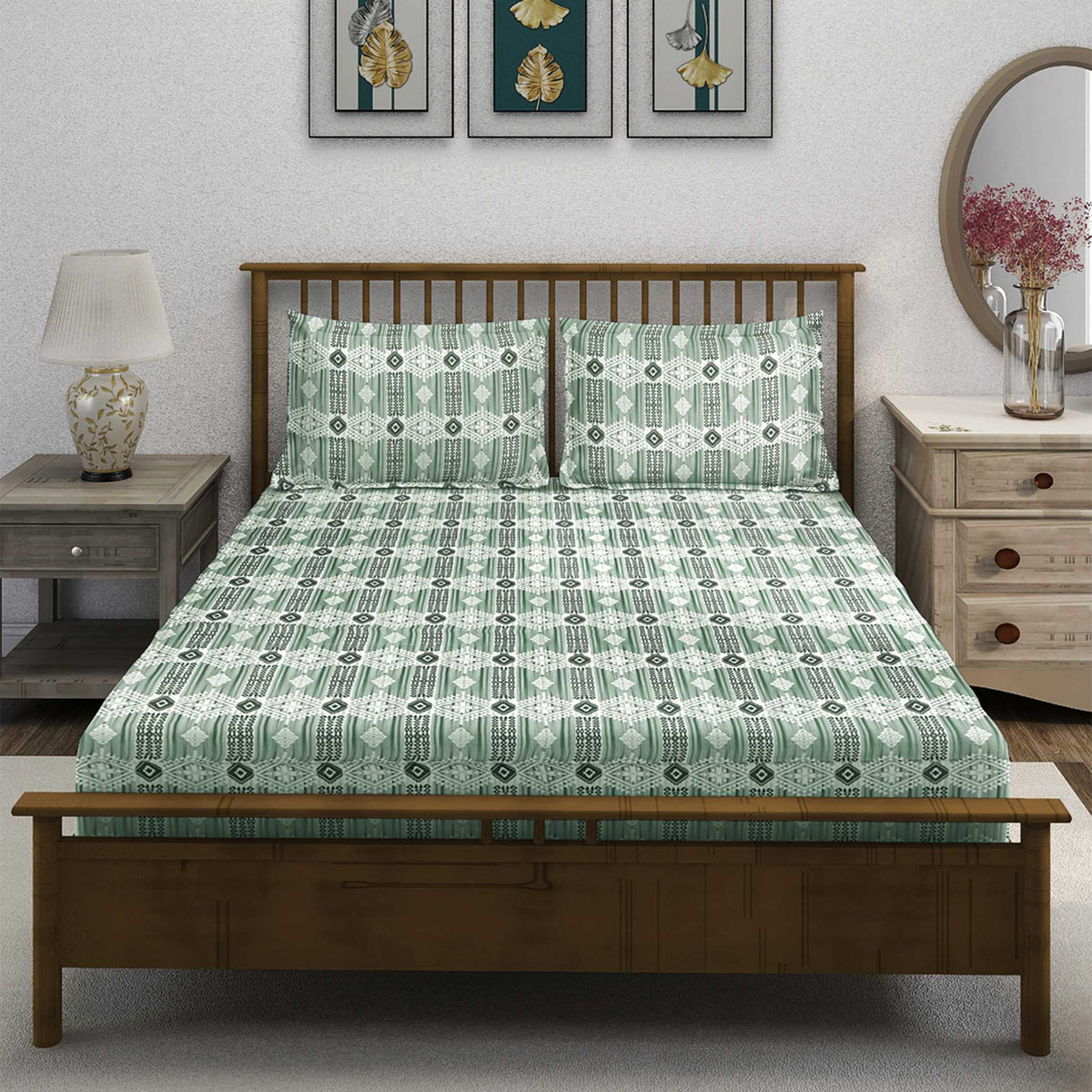 Mint Green Tribal Stripes 144 TC Pure Cotton Bedsheet Set with Pillow Cover
