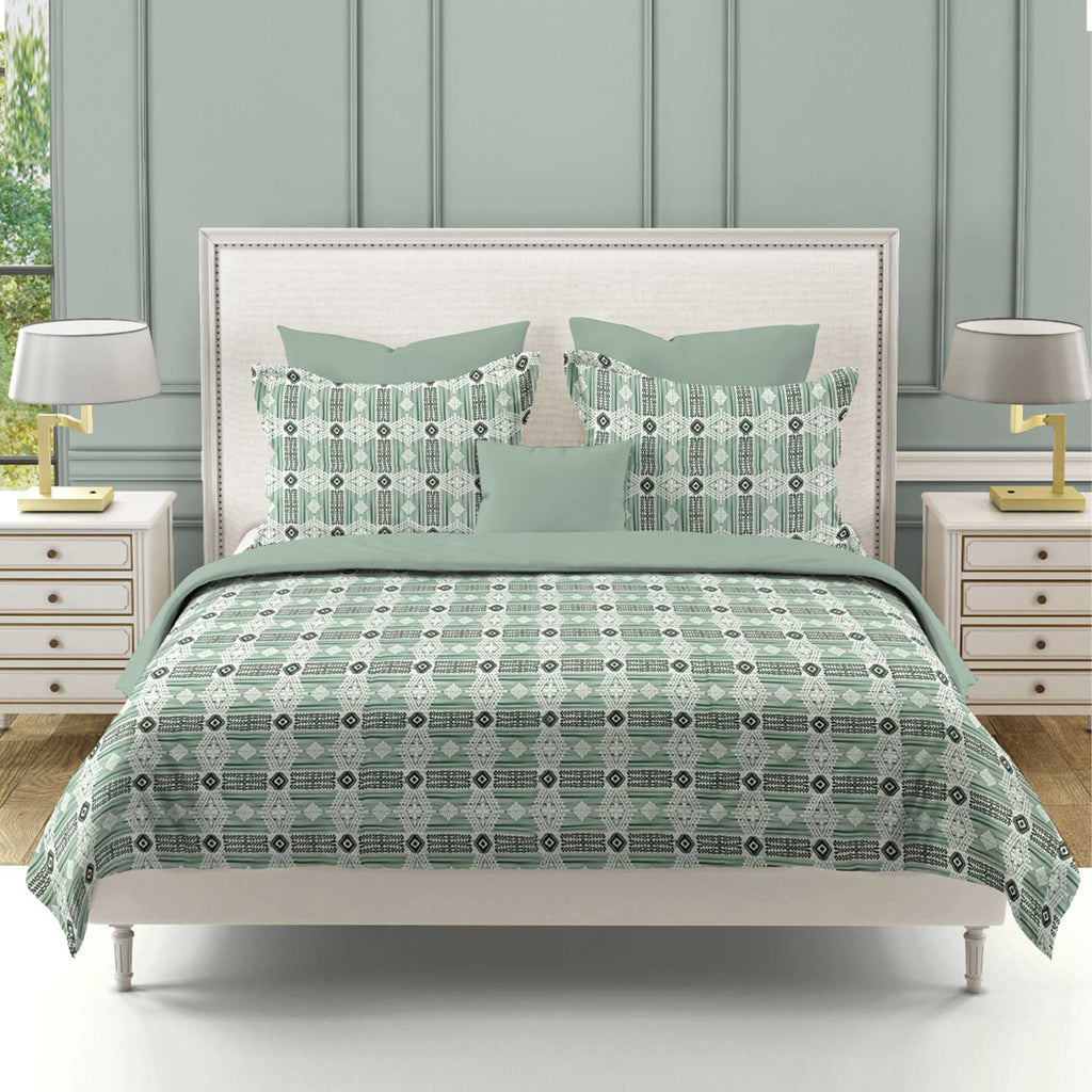 Mint Green Tribal Stripes 144 TC Pure Cotton Bedsheet Set with Pillow Cover