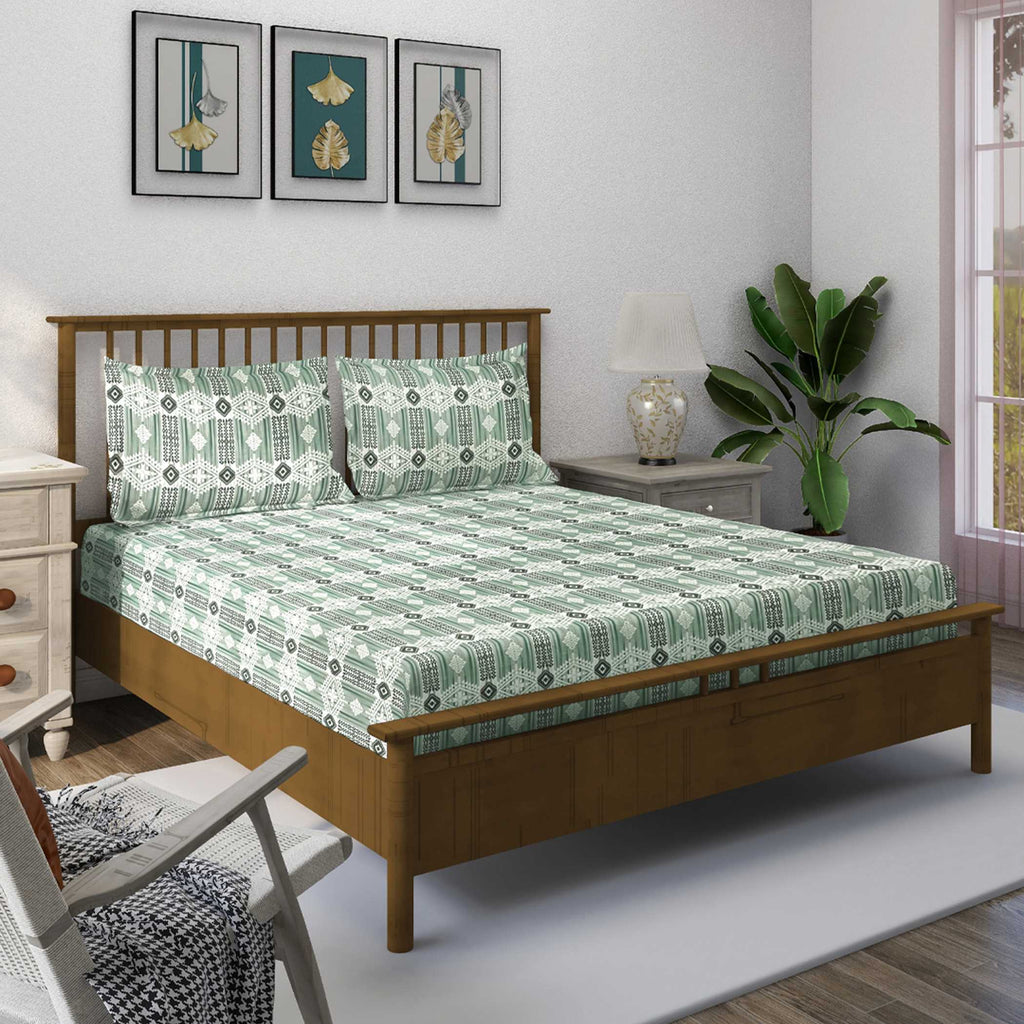 Mint Green Tribal Stripes 144 TC Pure Cotton Bedsheet Set with Pillow Cover