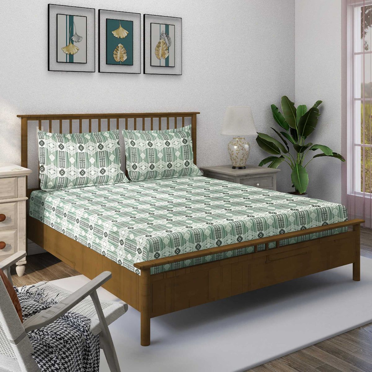 Mint Green Tribal Stripes 144 TC Pure Cotton Bedsheet Set with Pillow Cover