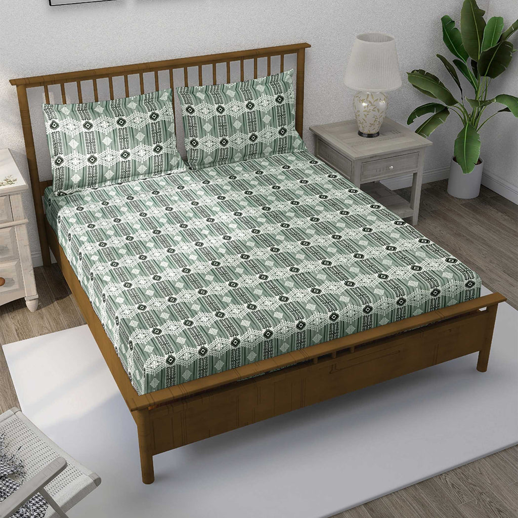 Mint Green Tribal Stripes 144 TC Pure Cotton Bedsheet Set with Pillow Cover