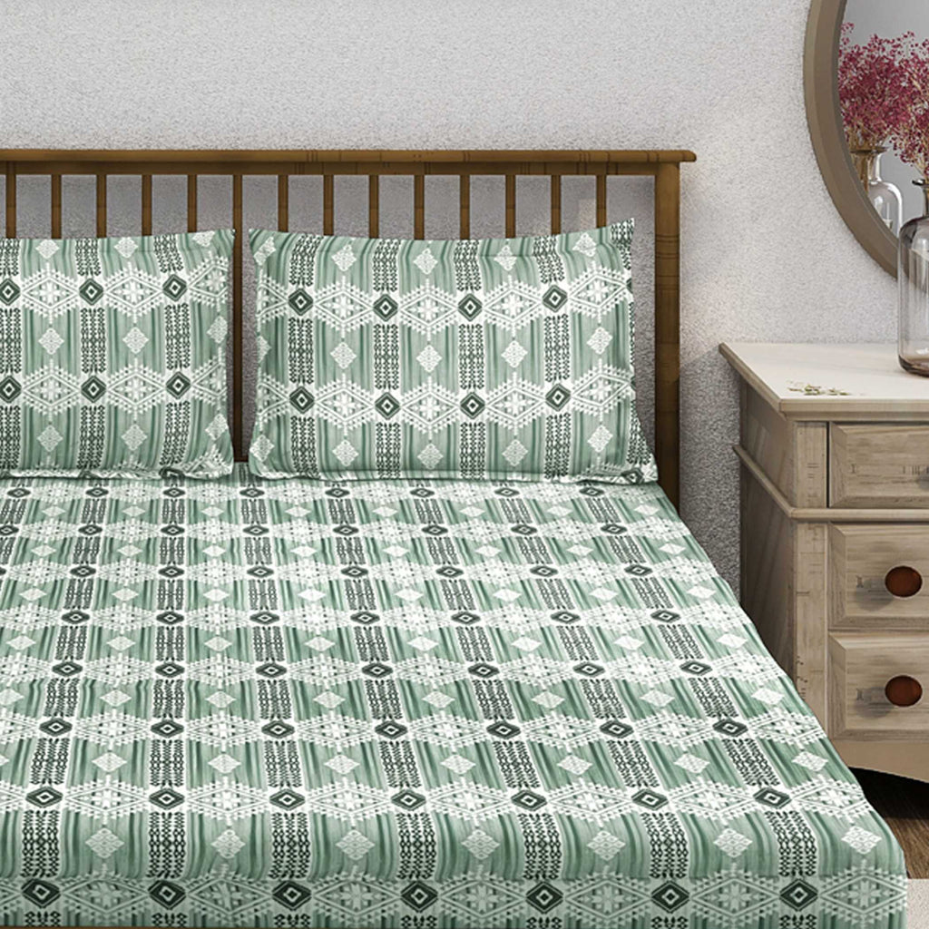Mint Green Tribal Stripes 144 TC Pure Cotton Bedsheet Set with Pillow Cover