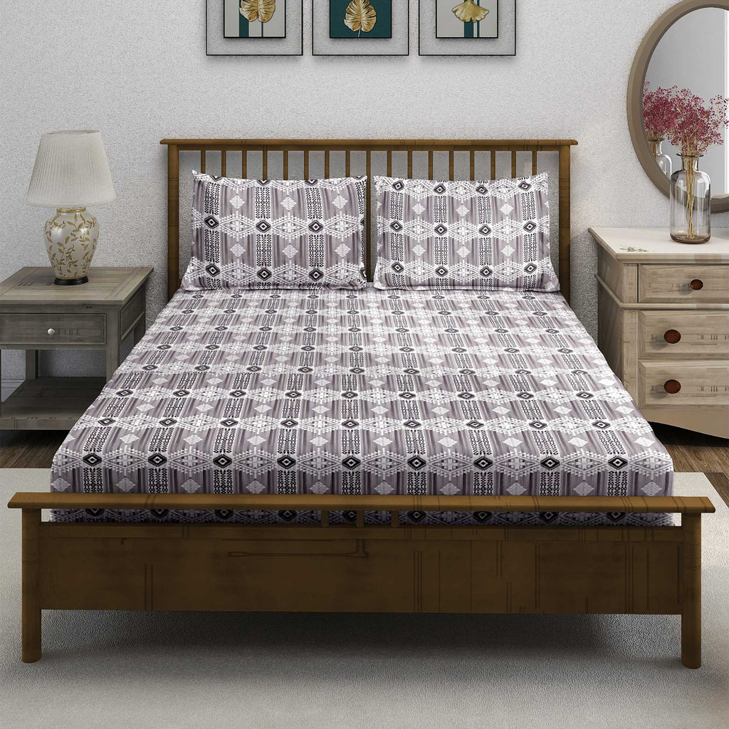 Tribal Rhythm Grey & Black Geometric 160 TC Pure Cotton Fitted Bedsheet with Pillow Cover