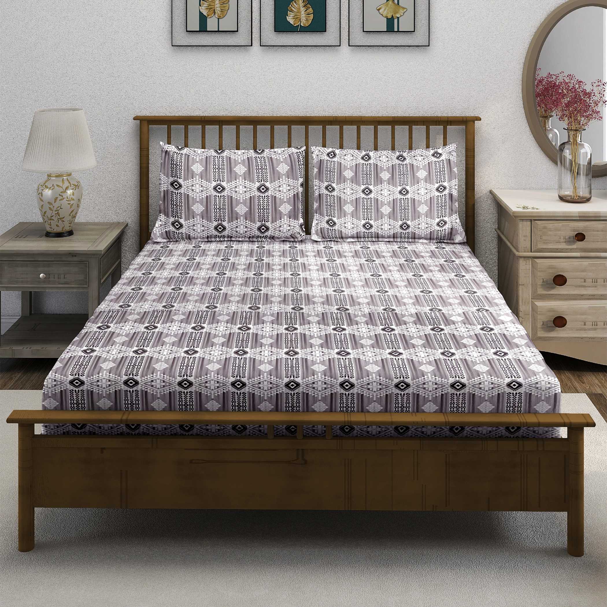 Tribal Rhythm Grey & Black Geometric 160 TC Pure Cotton Fitted Bedsheet with Pillow Cover