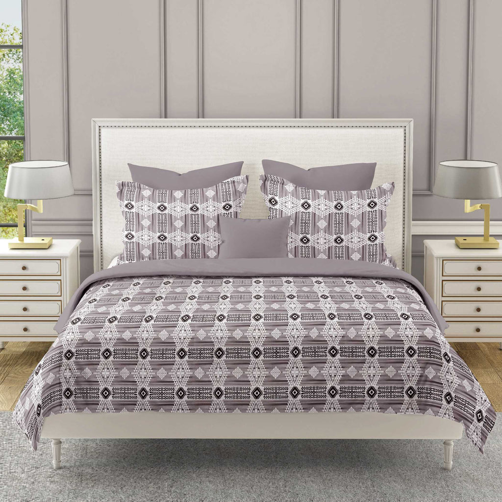 Tribal Rhythm Grey & Black Geometric 160 TC Pure Cotton Fitted Bedsheet with Pillow Cover