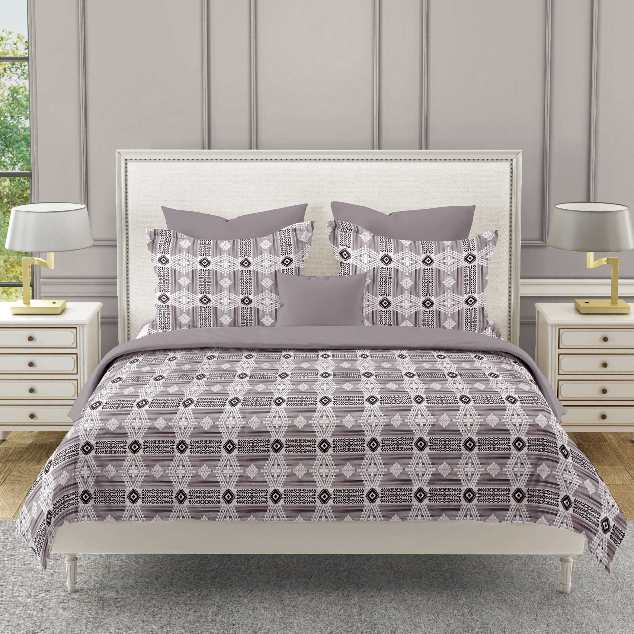 Tribal Rhythm Grey & Black Geometric 160 TC Pure Cotton Fitted Bedsheet with Pillow Cover