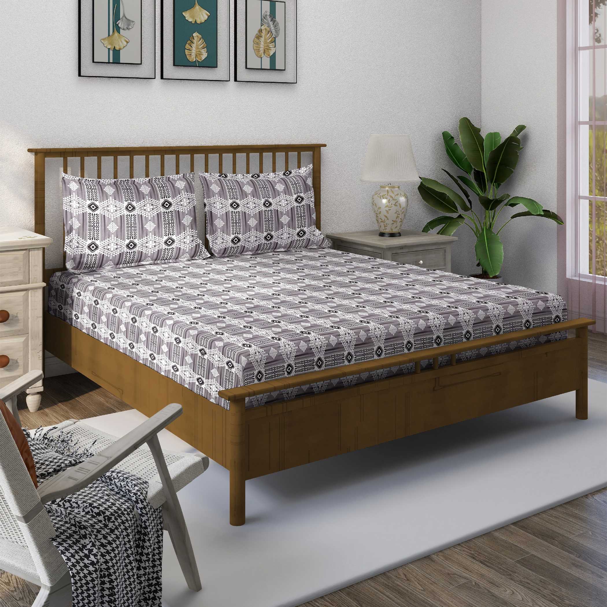 Tribal Rhythm Grey & Black Geometric 160 TC Pure Cotton Fitted Bedsheet with Pillow Cover