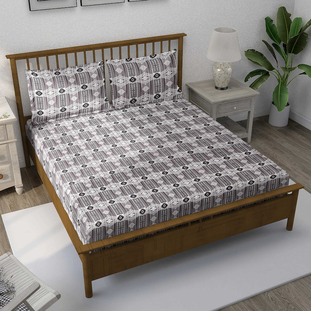 Tribal Rhythm Grey & Black Geometric 160 TC Pure Cotton Fitted Bedsheet with Pillow Cover