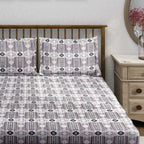 Tribal Rhythm Grey & Black Geometric 160 TC Pure Cotton Fitted Bedsheet with Pillow Cover