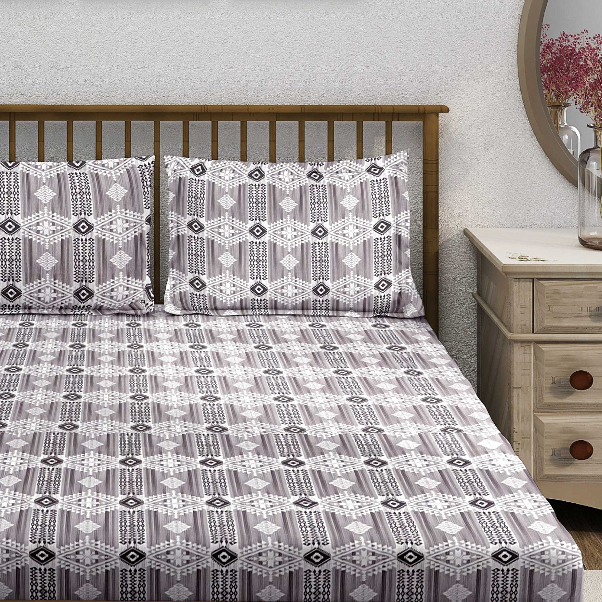Tribal Rhythm Grey & Black Geometric 160 TC Pure Cotton Fitted Bedsheet with Pillow Cover