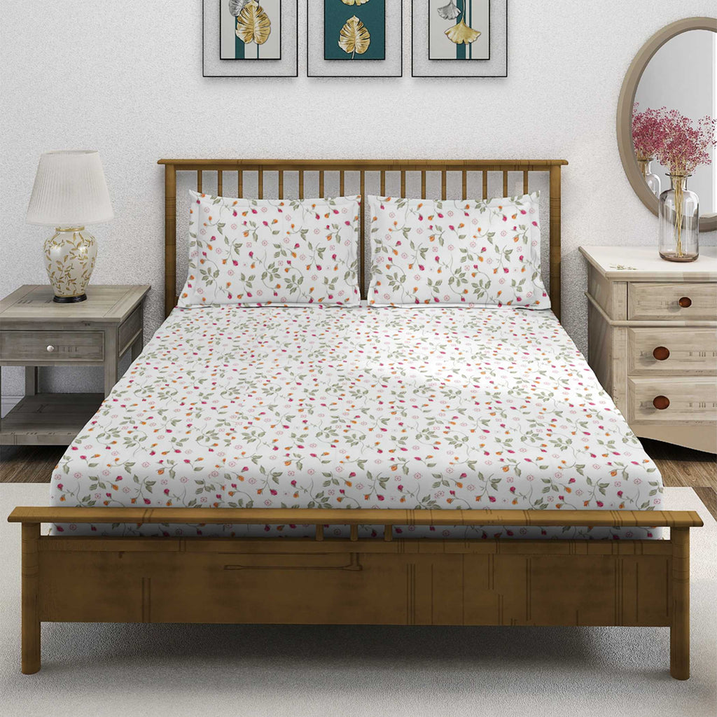 Blossom Trail White Multicolour Floral 160 TC Pure Cotton Bedsheet with Pillow Cover