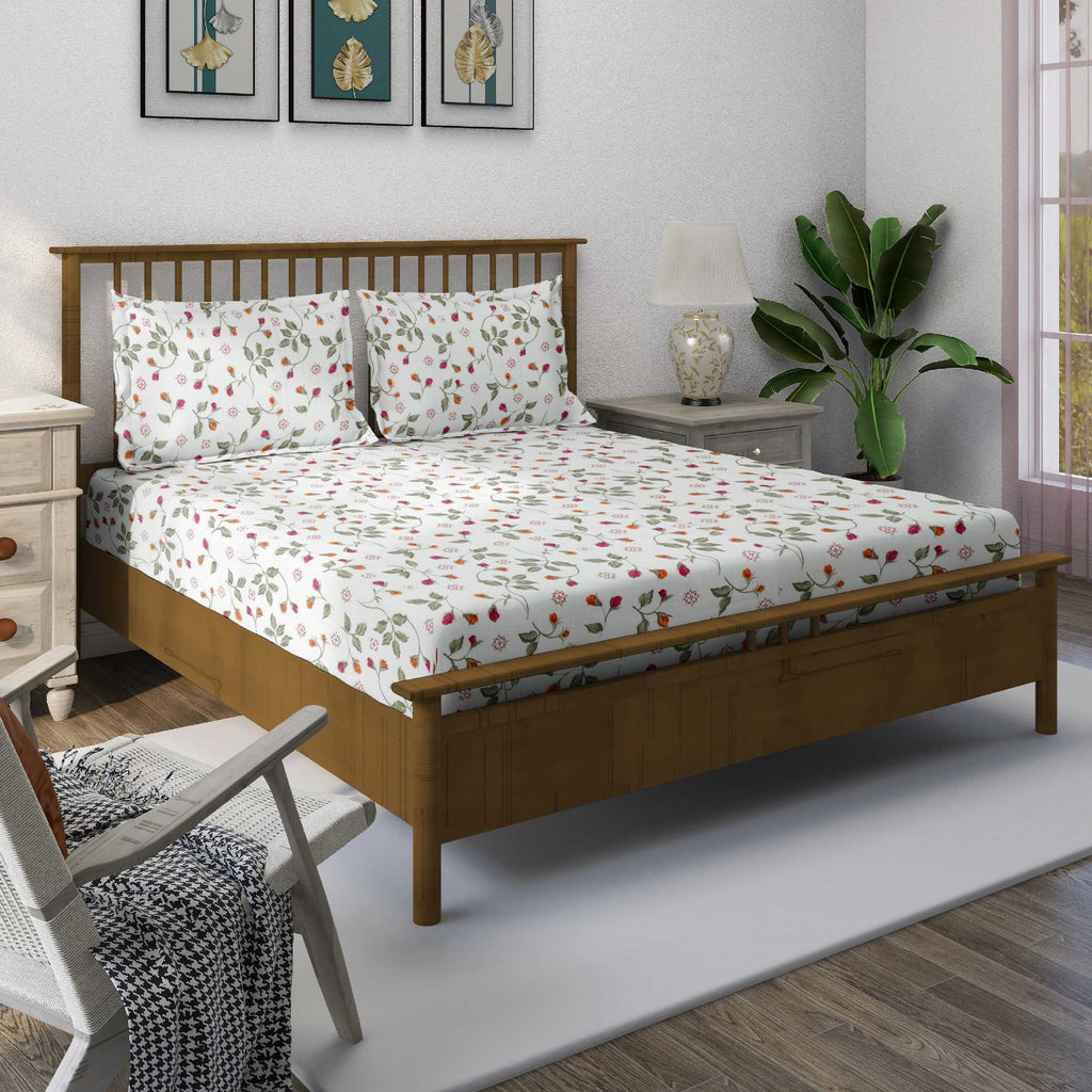 Blossom Trail White Multicolour Floral 160 TC Pure Cotton Bedsheet with Pillow Cover