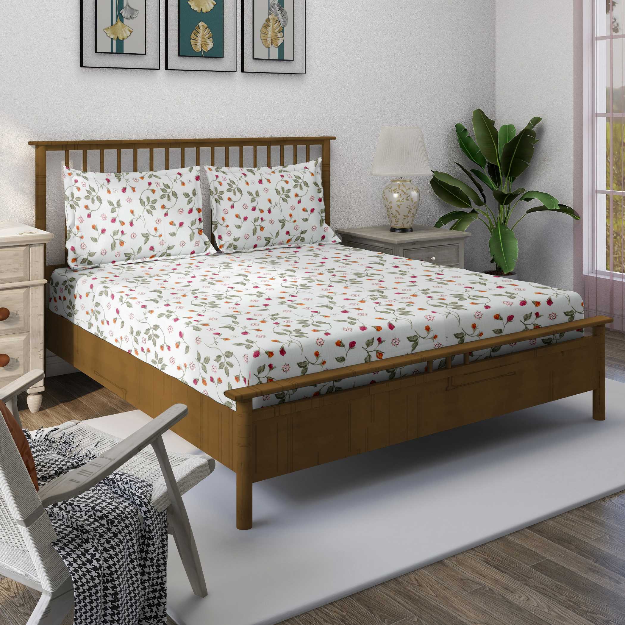 Blossom Trail White Multicolour Floral 160 TC Pure Cotton Bedsheet with Pillow Cover