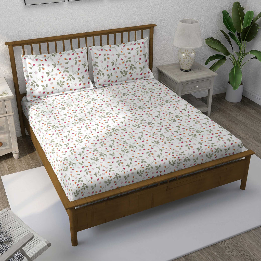 Blossom Trail White Multicolour Floral 160 TC Pure Cotton Bedsheet with Pillow Cover