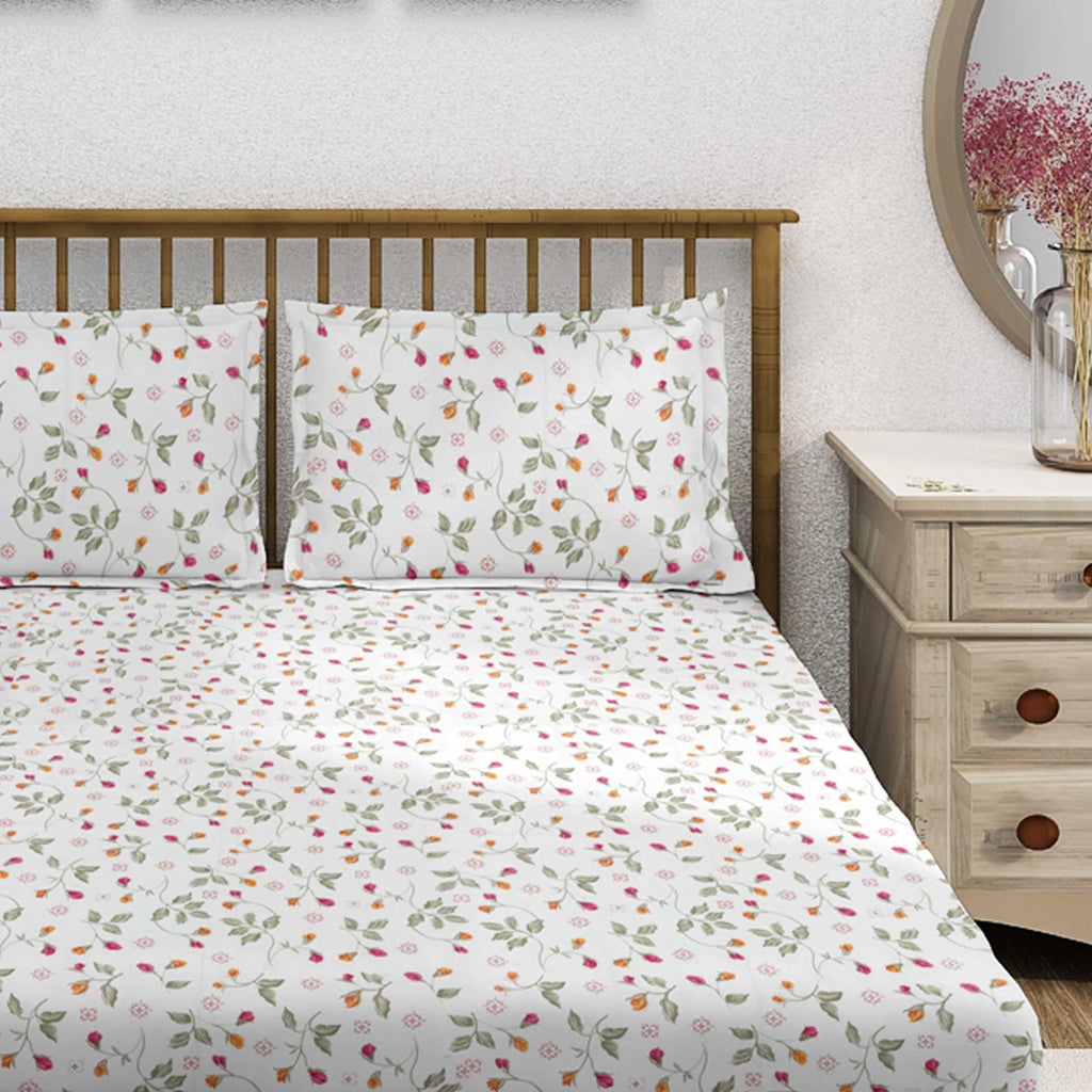 Blossom Trail White Multicolour Floral 160 TC Pure Cotton Bedsheet with Pillow Cover