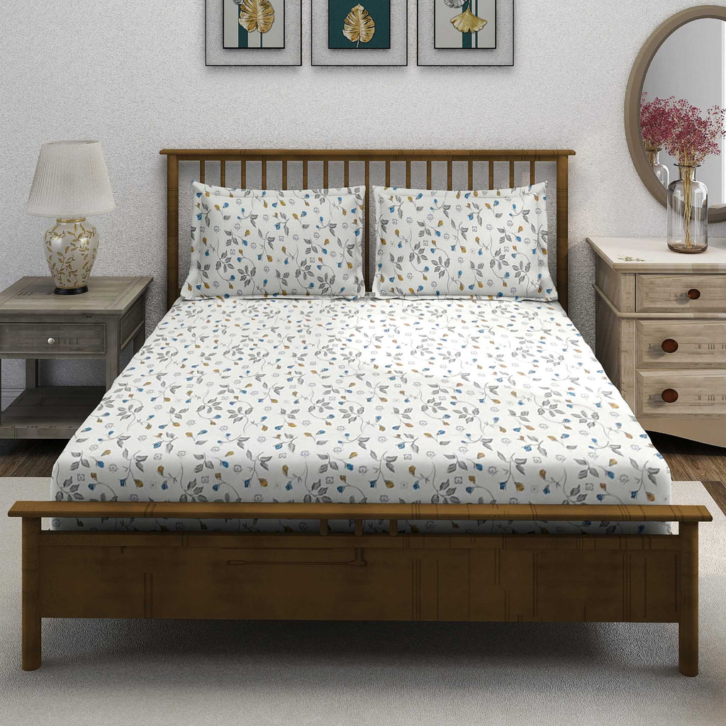 Meadow Sprig White & Grey Botanical 160 TC Pure Cotton Bedsheet with Pillow Cover