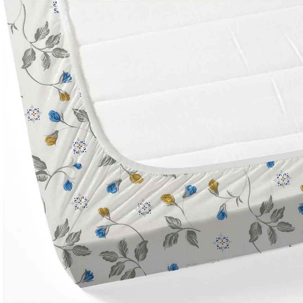 Meadow Sprig White & Grey Botanical 160 TC Pure Cotton Bedsheet with Pillow Cover