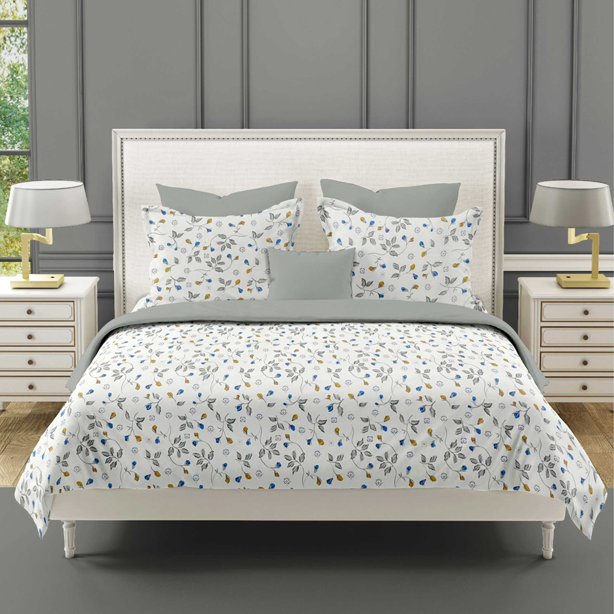 Meadow Sprig White & Grey Botanical 160 TC Pure Cotton Bedsheet with Pillow Cover