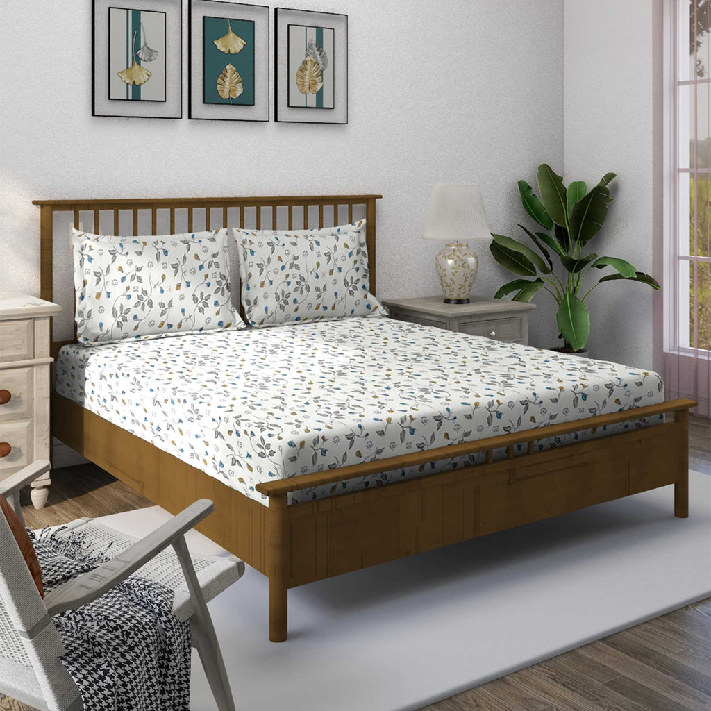 Meadow Sprig White & Grey Botanical 160 TC Pure Cotton Bedsheet with Pillow Cover