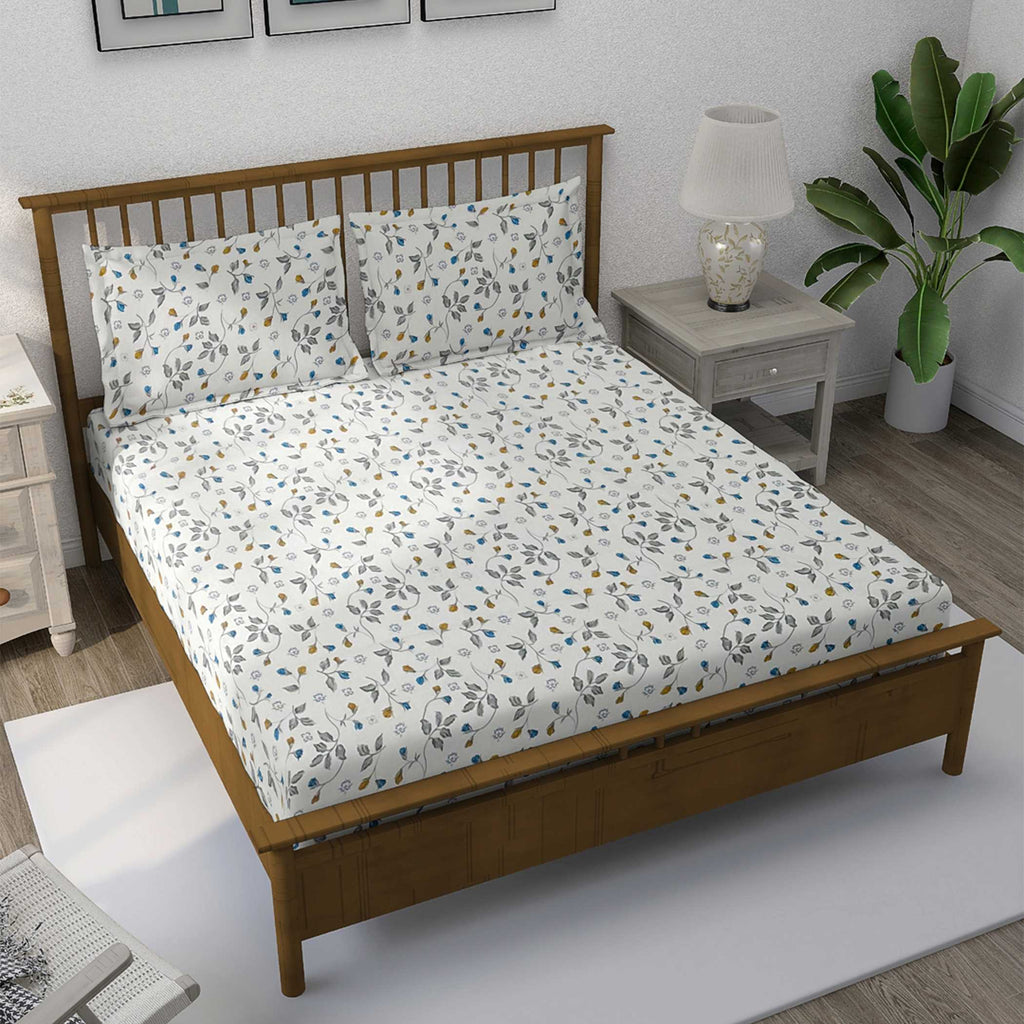 Meadow Sprig White & Grey Botanical 160 TC Pure Cotton Bedsheet with Pillow Cover