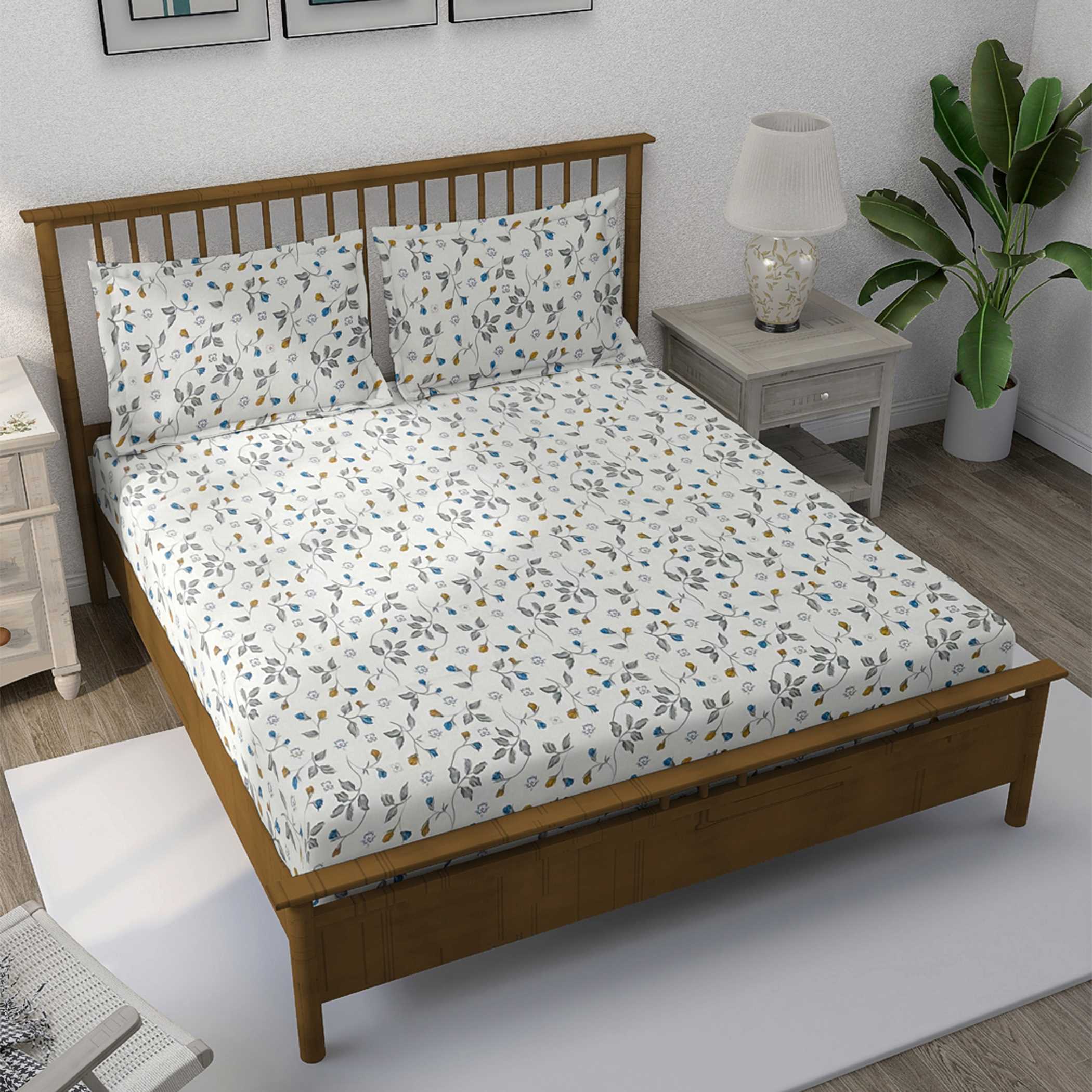 Meadow Sprig White & Grey Botanical 160 TC Pure Cotton Bedsheet with Pillow Cover