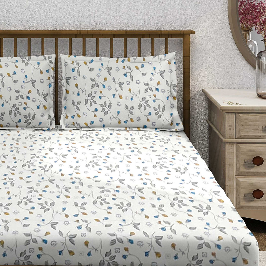 Meadow Sprig White & Grey Botanical 160 TC Pure Cotton Bedsheet with Pillow Cover