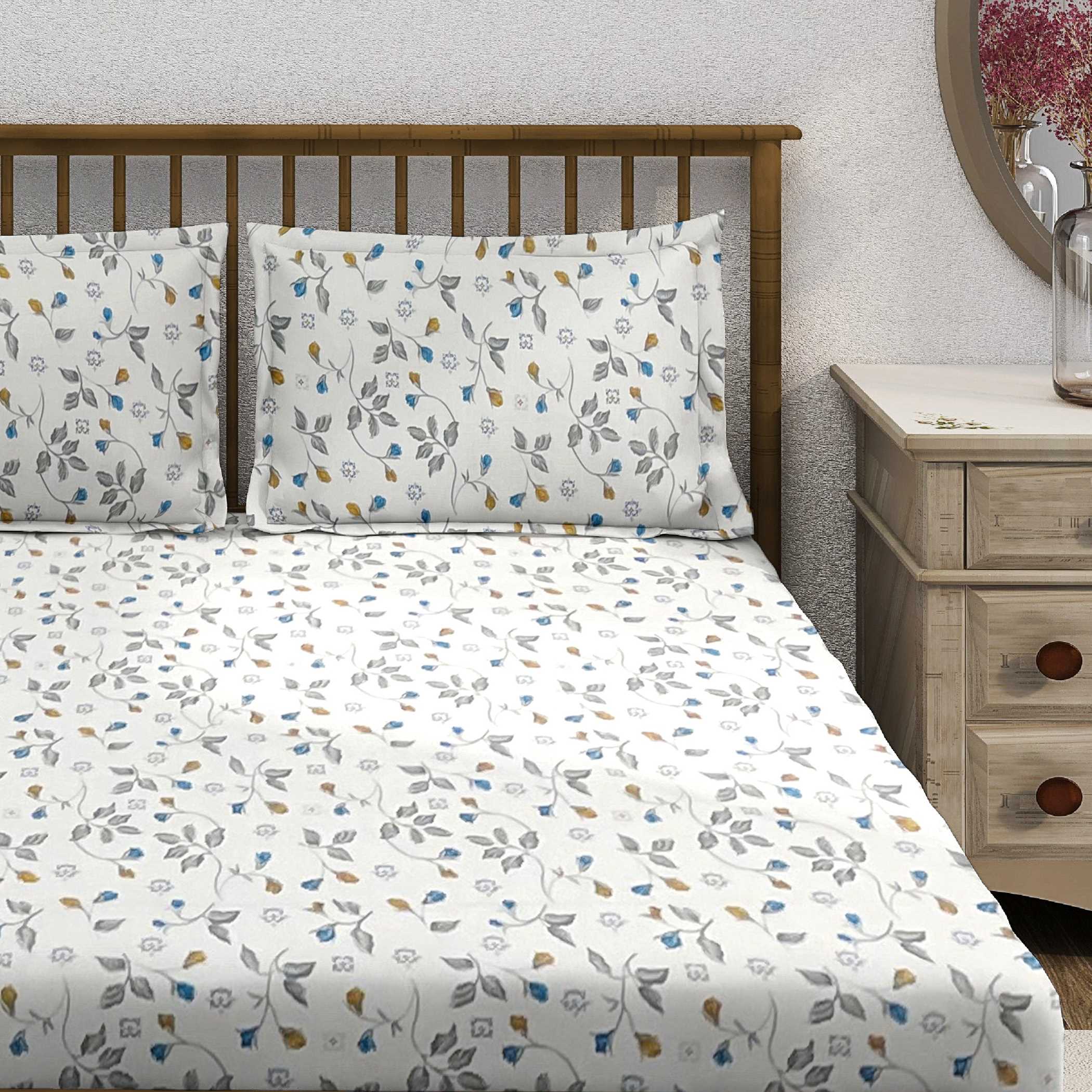 Meadow Sprig White & Grey Botanical 160 TC Pure Cotton Bedsheet with Pillow Cover