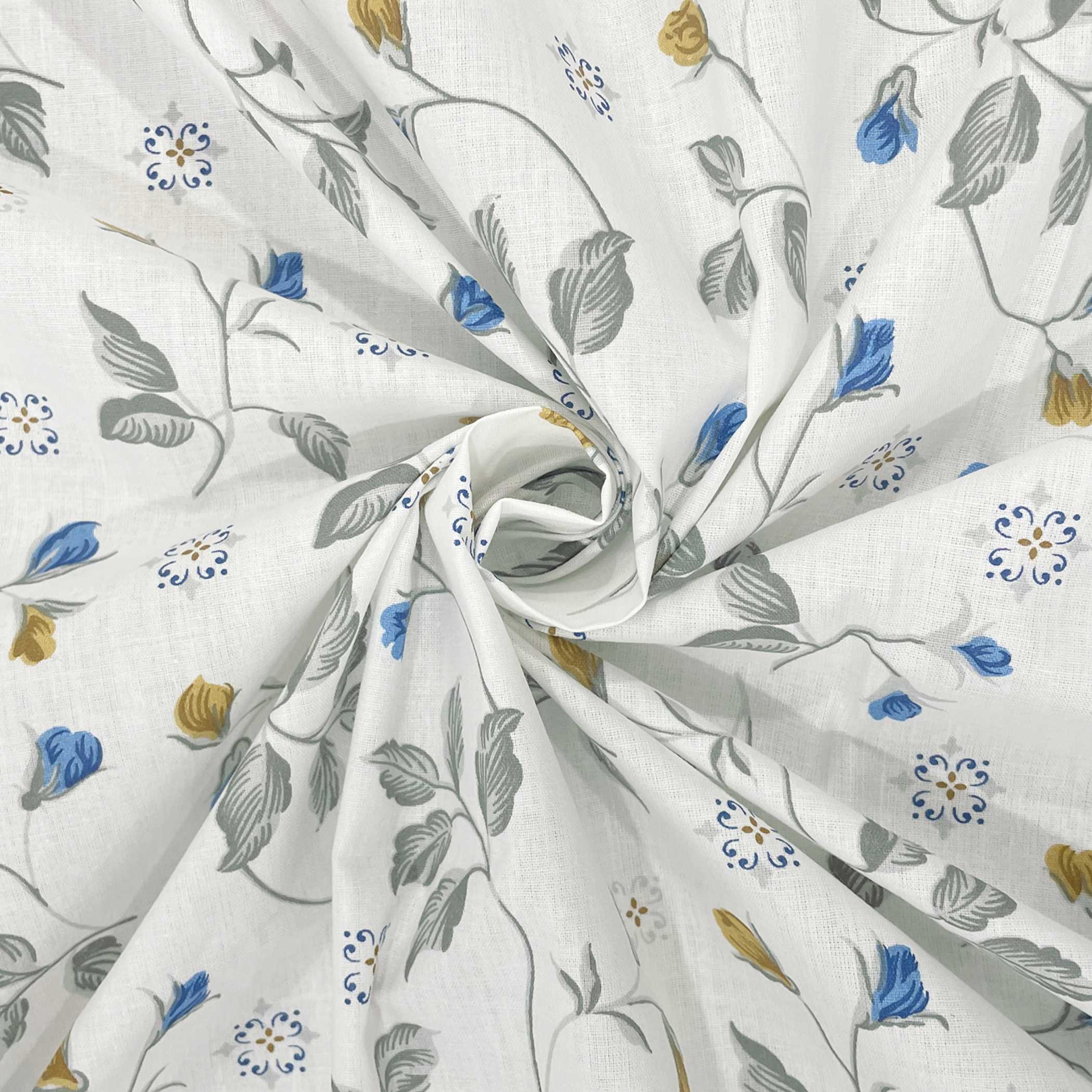 Meadow Sprig White & Grey Botanical 160 TC Pure Cotton Bedsheet with Pillow Cover