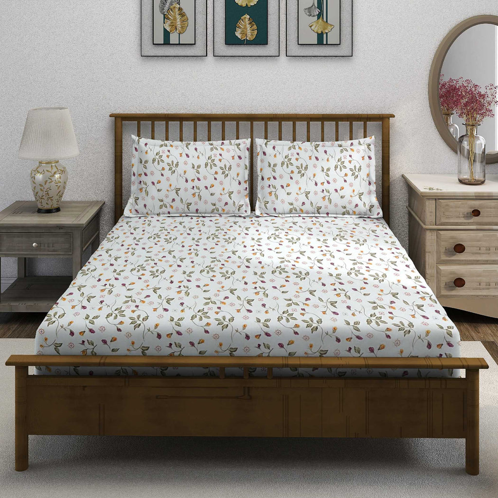Autumn Blossom White & Olive Green Floral 160 TC Pure Cotton Bedsheet with Pillow Cover