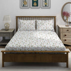 Autumn Blossom White & Olive Green Floral 160 TC Pure Cotton Bedsheet with Pillow Cover