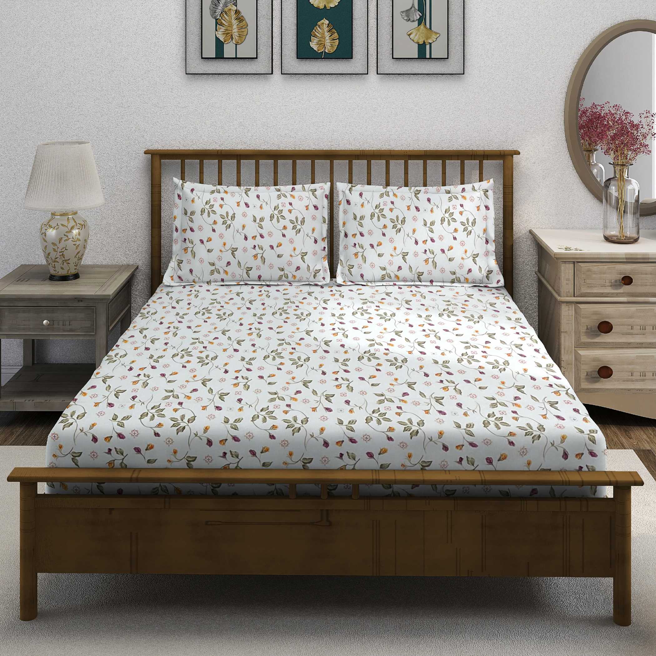 Autumn Blossom White & Olive Green Floral 160 TC Pure Cotton Bedsheet with Pillow Cover