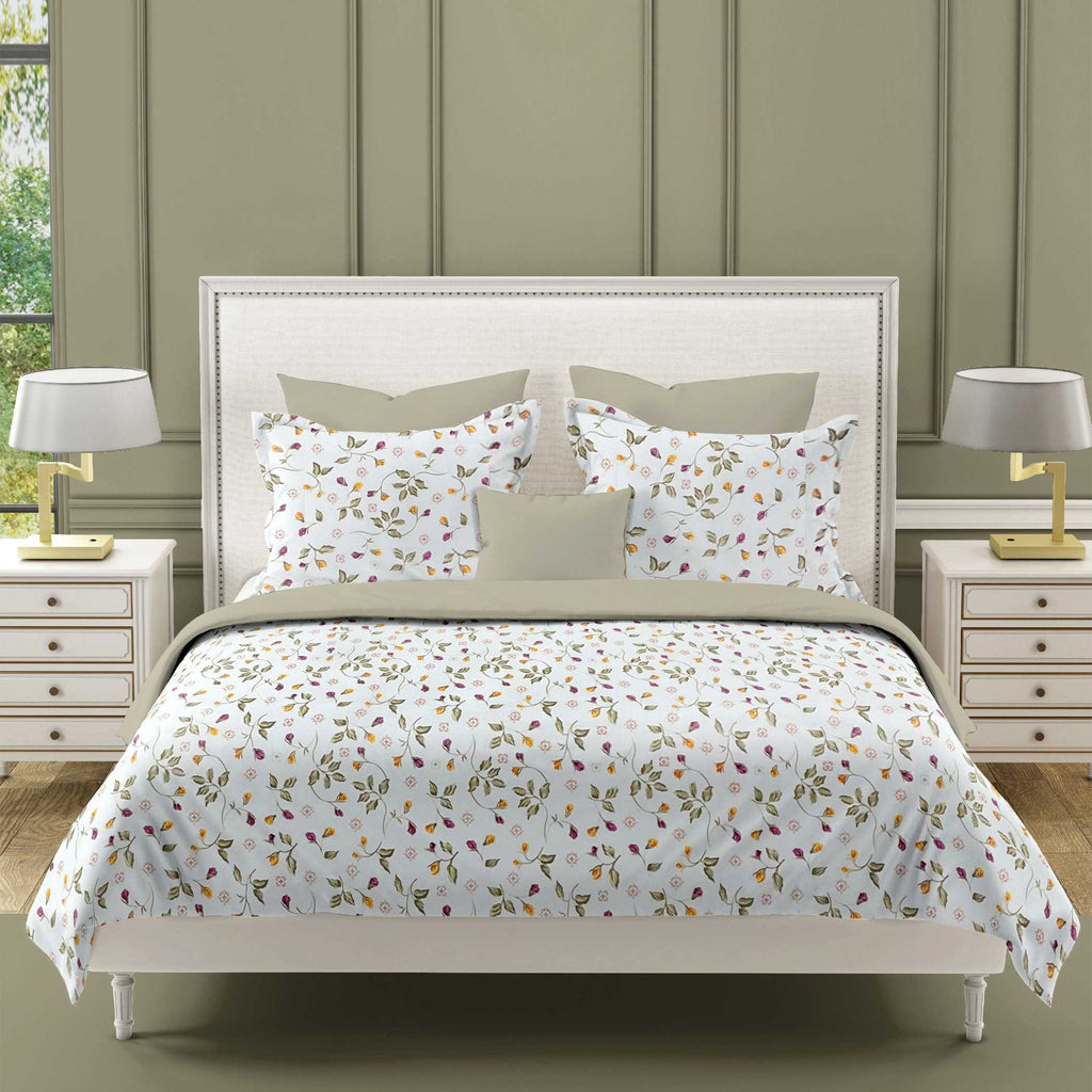 Autumn Blossom White & Olive Green Floral 160 TC Pure Cotton Bedsheet with Pillow Cover