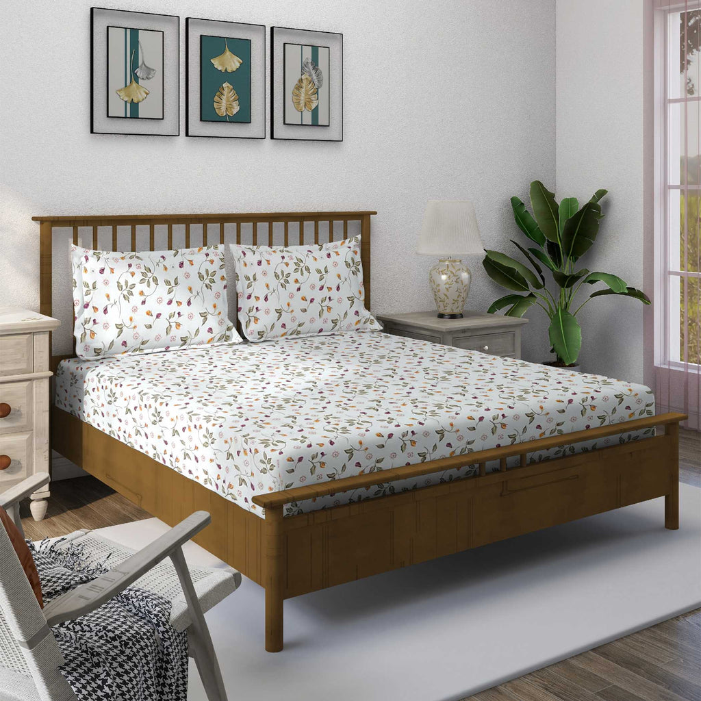 Autumn Blossom White & Olive Green Floral 160 TC Pure Cotton Bedsheet with Pillow Cover