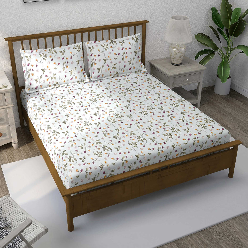Autumn Blossom White & Olive Green Floral 160 TC Pure Cotton Bedsheet with Pillow Cover