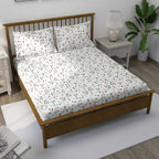 Autumn Blossom White & Olive Green Floral 160 TC Pure Cotton Bedsheet with Pillow Cover