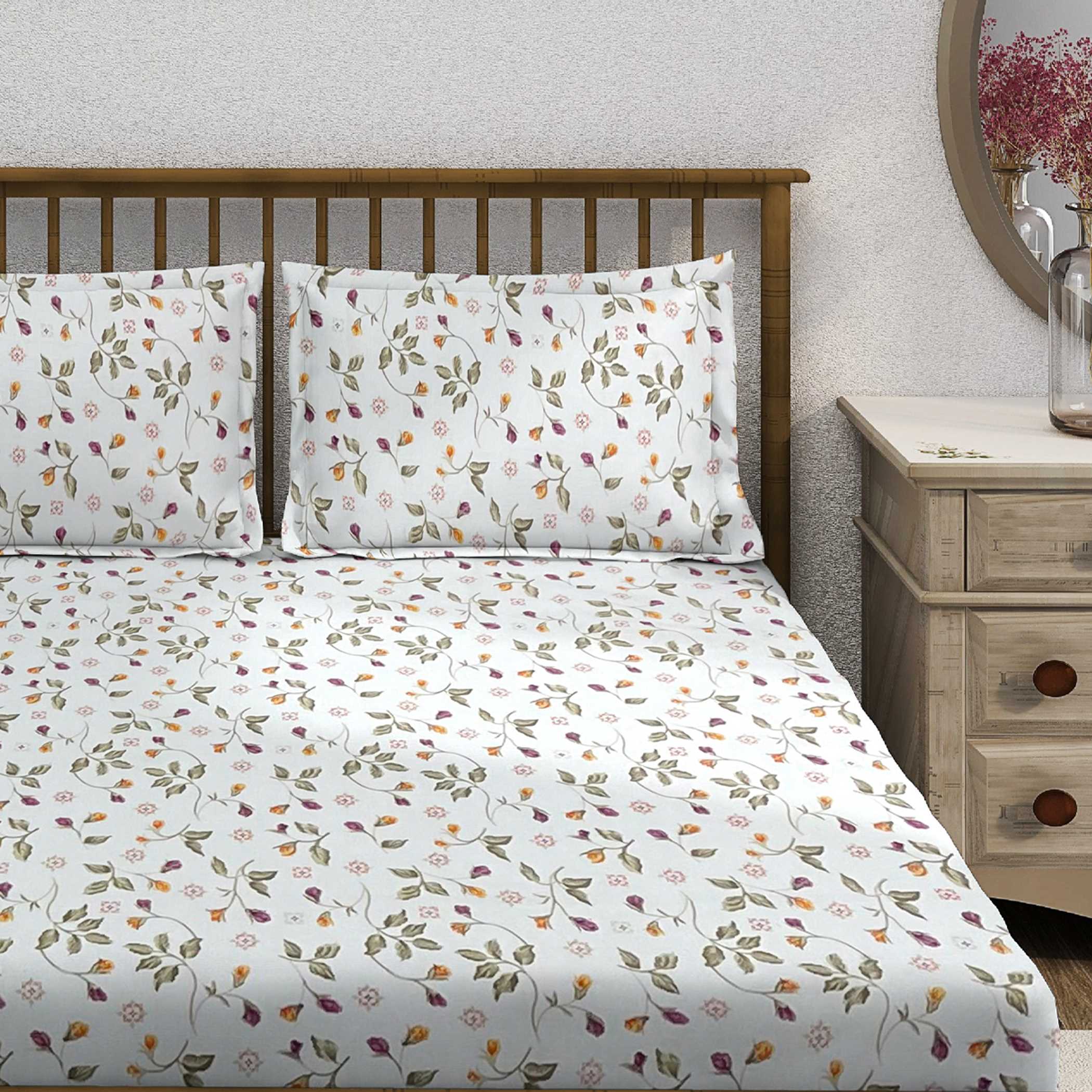 Autumn Blossom White & Olive Green Floral 160 TC Pure Cotton Bedsheet with Pillow Cover