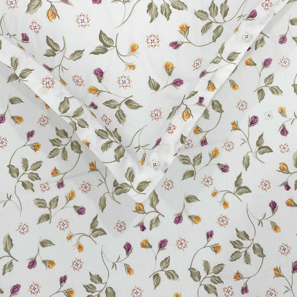 Autumn Blossom White & Olive Green Floral 160 TC Pure Cotton Bedsheet with Pillow Cover