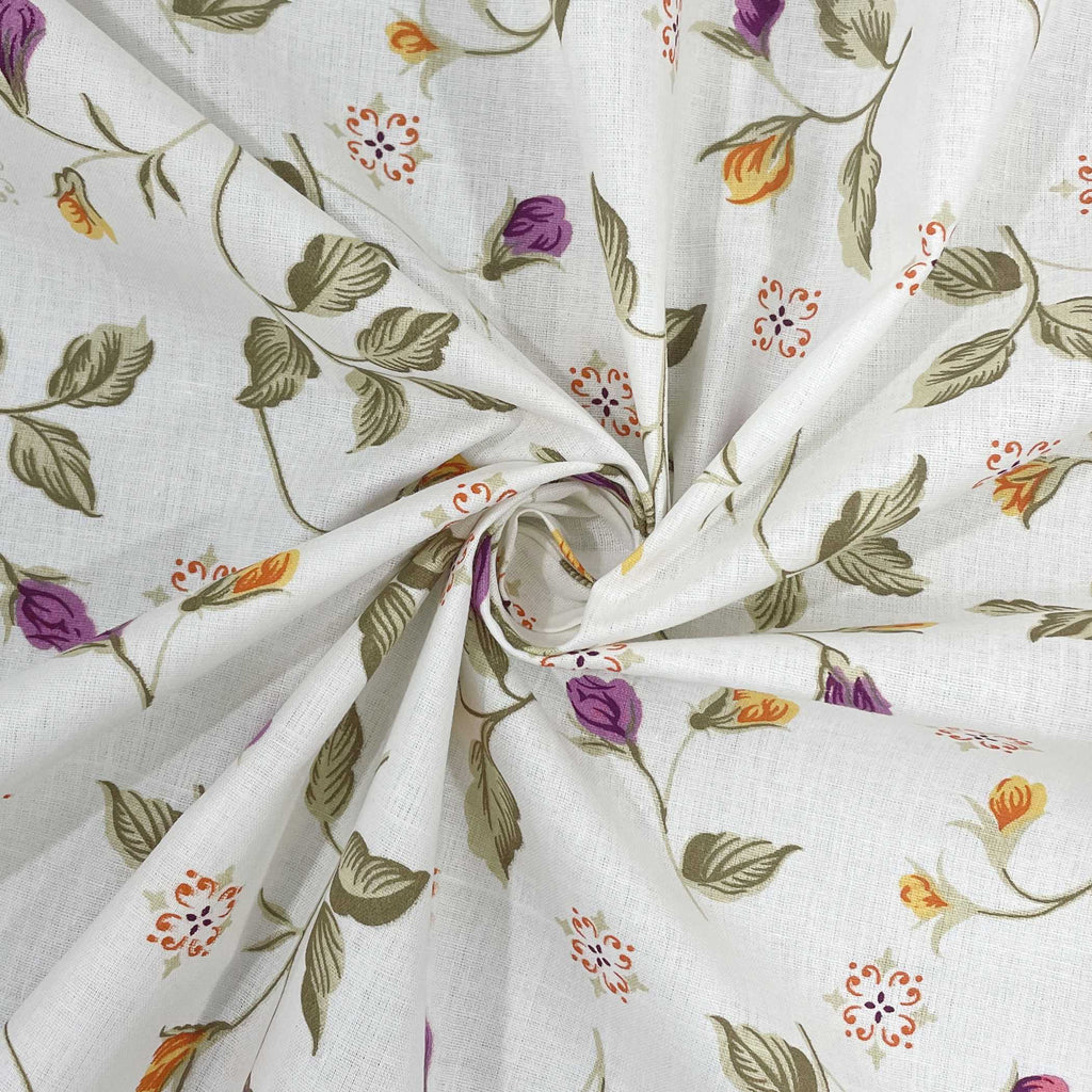Autumn Blossom White & Olive Green Floral 160 TC Pure Cotton Bedsheet with Pillow Cover