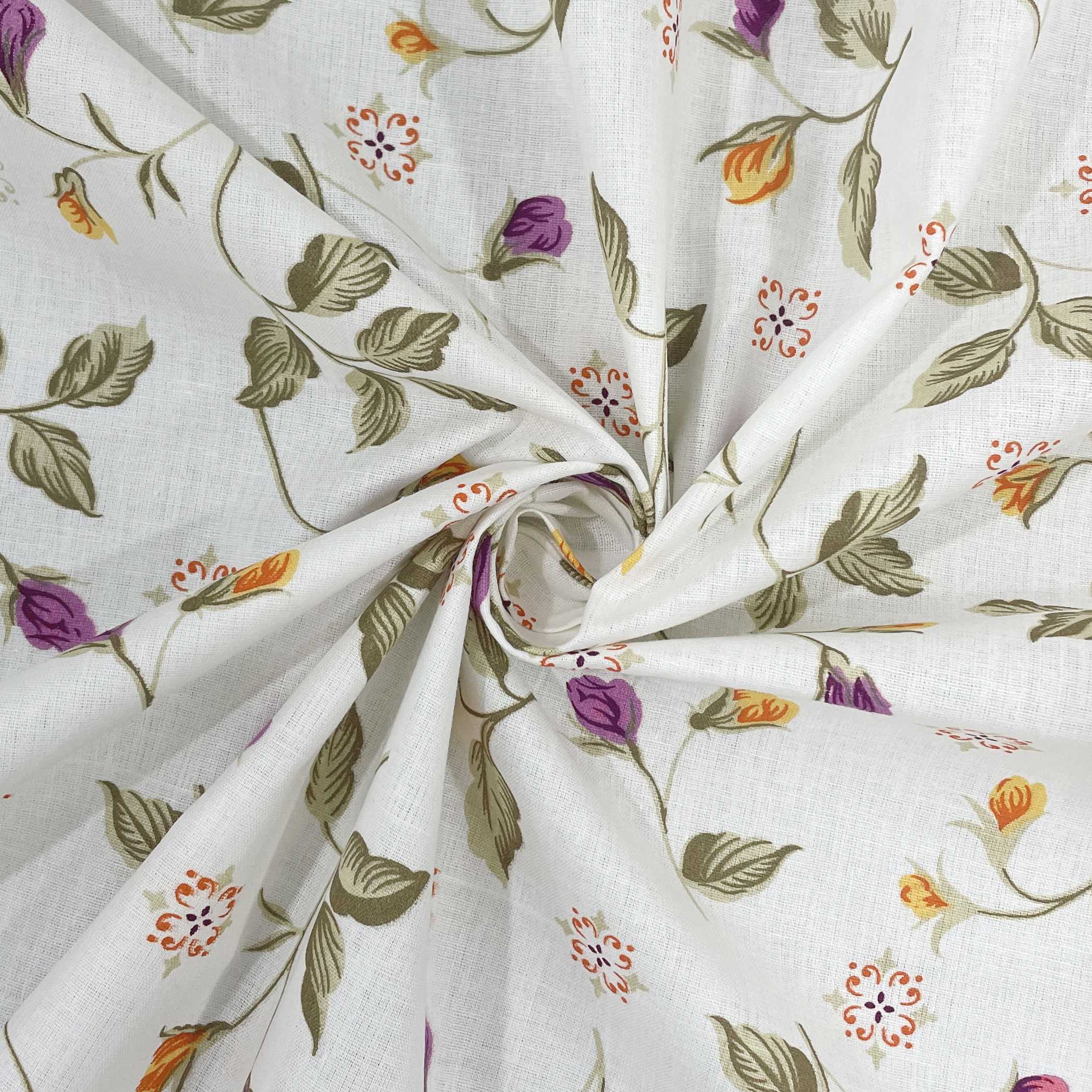Autumn Blossom White & Olive Green Floral 160 TC Pure Cotton Bedsheet with Pillow Cover