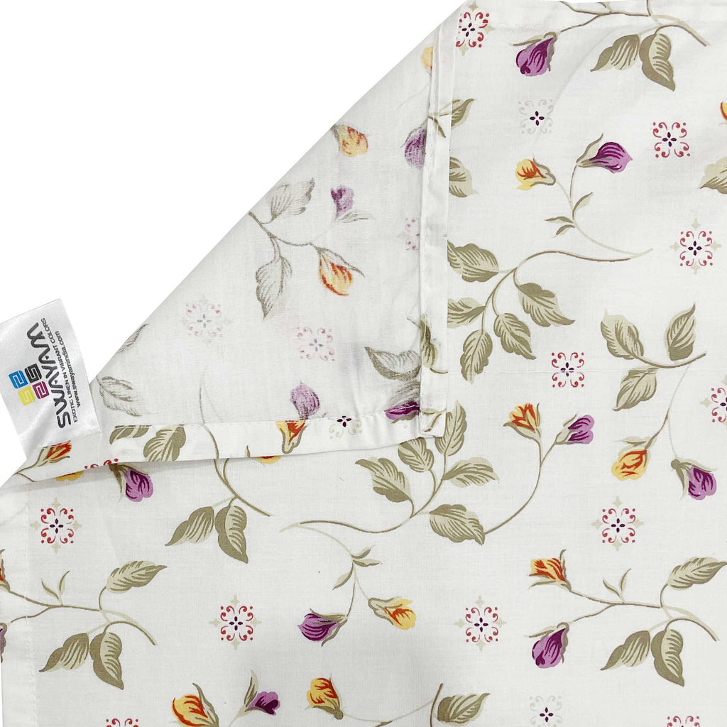 Autumn Blossom White & Olive Green Floral 160 TC Pure Cotton Bedsheet with Pillow Cover