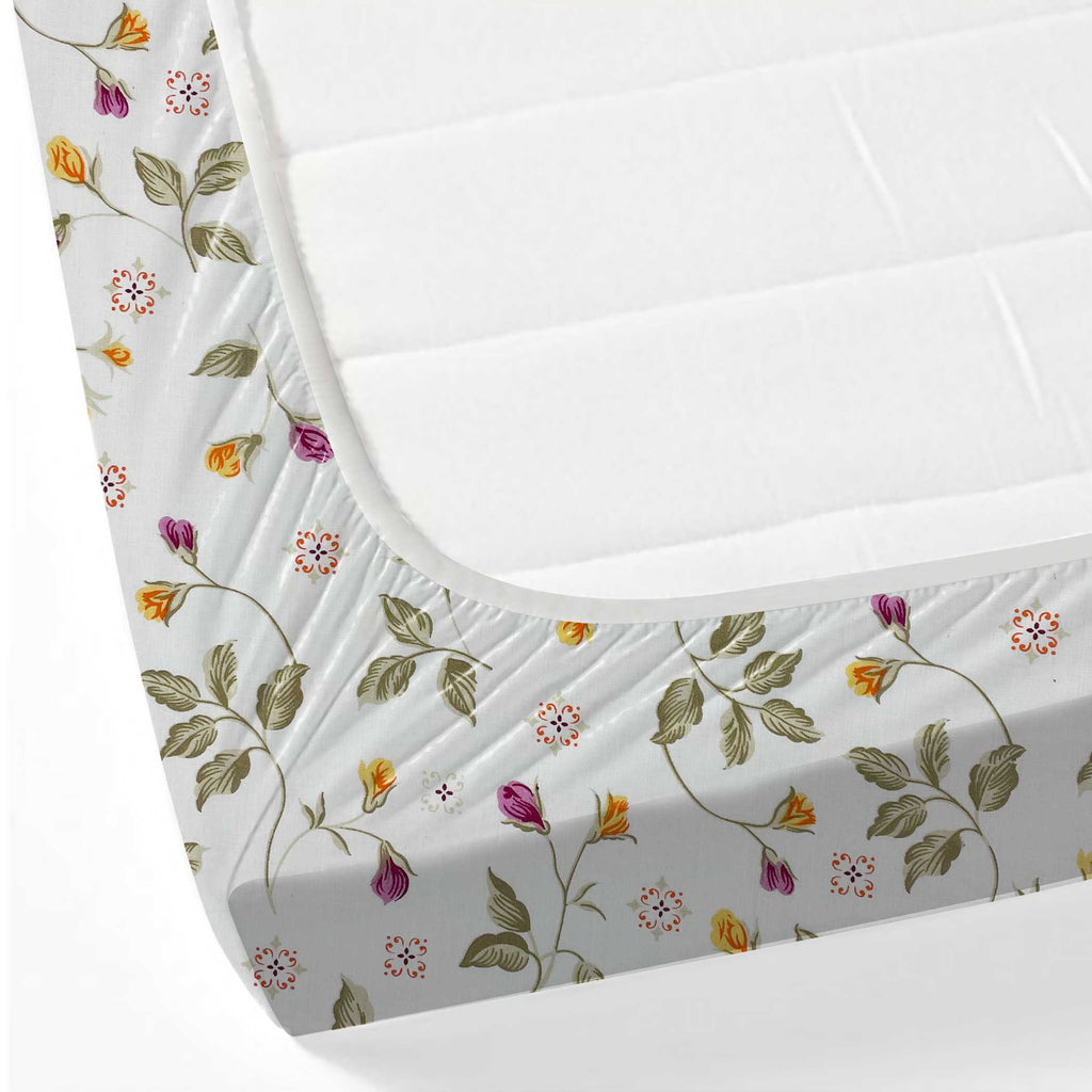 Autumn Blossom White & Olive Green Floral 160 TC Pure Cotton Bedsheet with Pillow Cover