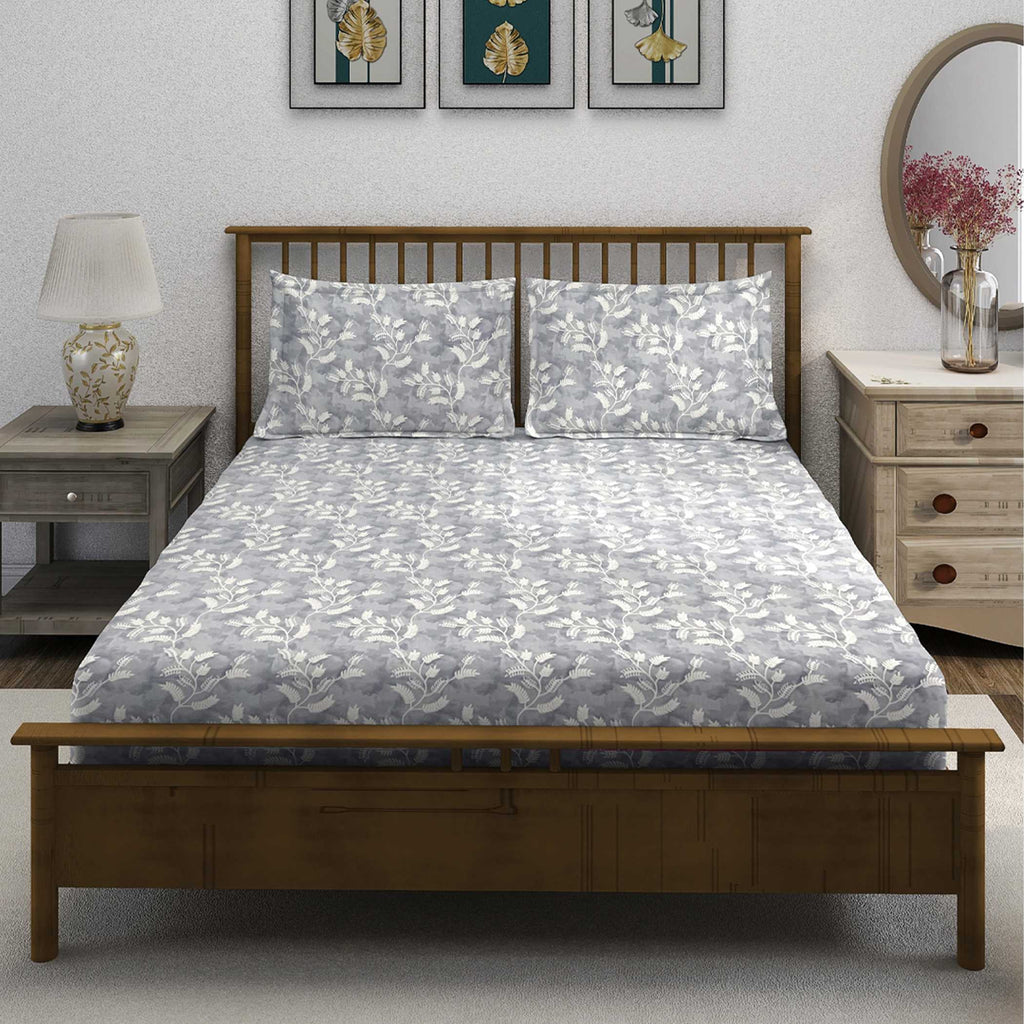 Silver Vine Grey & White Botanical 160 TC Pure Cotton Bedsheet with Pillow Cover